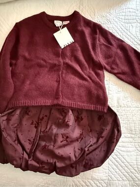 Zara Wine Red Knit Cardigan with Satin Floral Hem